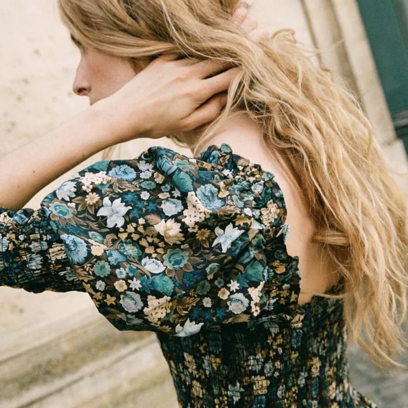 Doen Bijou Cotton Poplin Smocked Long Sleeve Maxi Dress Bleu Arbor Floral Blue - Picture 5 of 8